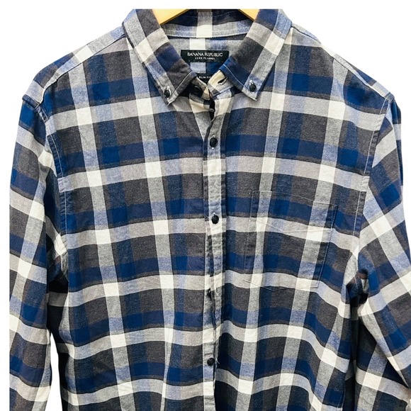 Banana Republic Luxe Flannel Mens Button Down Shirt Blue Plaid Slim Fit L - Picture 1 of 4